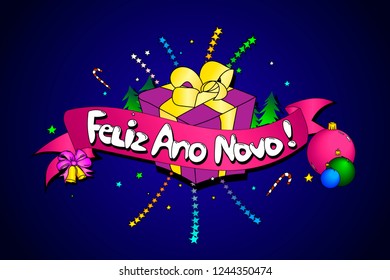 Feliz Ano Novo. Vector creative background. Happy New Year in Portuguese language. Colorful line art