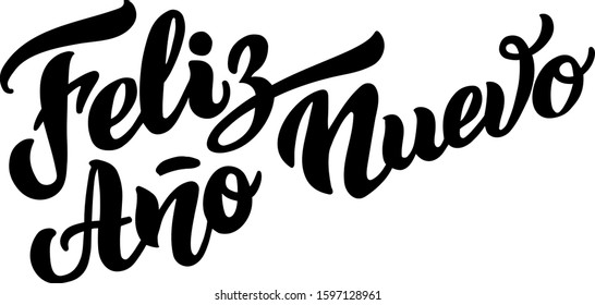 Feliz Ano Nuevo, handwritten phrase, translated from Spanish Happy New Year. Vector calligraphy illustration isolated on white background. EPS 10