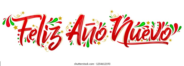 Feliz Ano Nuevo, Happy New Year spanish text holiday lettering vector illustration