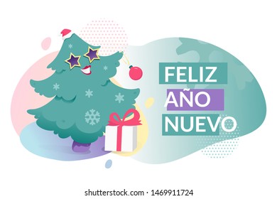 Feliz Ano Nuevo (Happy New Year) template. Happy anthropomorphic Christmas tree in a hat with place for text. Modern gradient shapes.