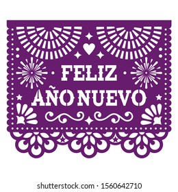 Feliz Ano Nuevo - Happy New Year in spanish Papel Picado vector design with, Mexican paper cut out style purple greeting card on white.   
Traditional ornamental banner form Mexico, New Year's 