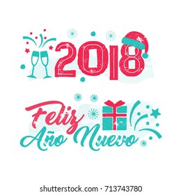 Feliz Ano Nuevo - Happy New Year Spanish language. New Year card with tree and fireworks. Vintage vector badge on the white background