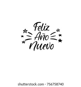 Feliz ano Nuevo. Happy new year in spanish. Christmas calligraphy. Handwritten brush lettering for greeting card, poster, invitation, banner. Hand drawn design elements. Isolated on white background.