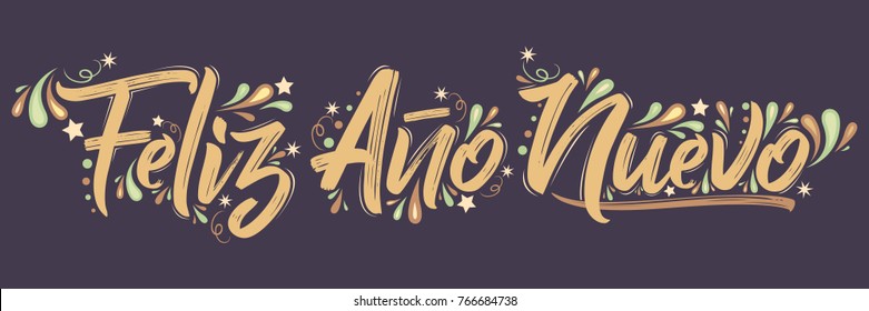 Feliz ano nuevo, Happy new year spanish text holiday lettering vector illustration