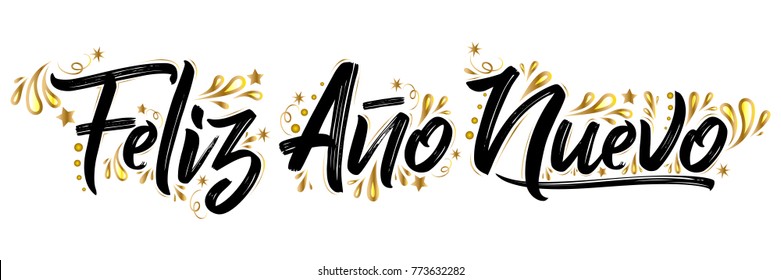 Feliz ano nuevo, Happy new year spanish text holiday lettering vector illustration