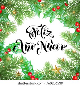 Feliz Ano Nuevo Spanish Happy New Year Urlaub handgezeichnet Kalligrafietext für Grußkartenhintergrund Design Vorlage. Weihnachtsbaumschmuck und goldener Sternengärland