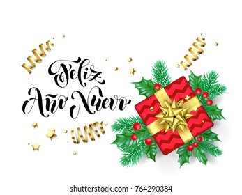 Feliz Ano Nuevo Spanish Happy New Year calligraphy hand drawn text for greeting card background template. Vector Christmas tree holly wreath decoration, golden confetti ribbon on premium white design