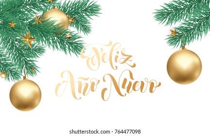 Feliz Ano Nuevo Spanish Happy New Year golden calligraphy hand drawn text and golden ornament for greeting card background template. Vector Christmas golden text and white snow design