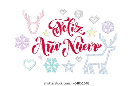 Feliz Ano Nuevo Spanish Happy New Year calligraphy font embroidery decoration for holiday greeting card design. Vector Christmas deer, snowflake decoration knitted pattern on white Xmas background