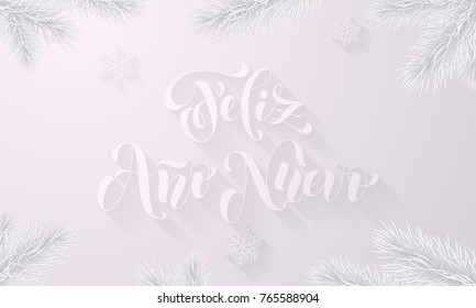 Feliz Ano Nuevo Spanish Happy New Year frozen ice calligraphy font for greeting card and snowflakes on snow white background. Vector Christmas or Xmas winter holiday premium icy branch decoration