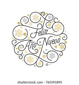 Feliz Ano Nuevo Spanish Happy New Year Navidad calligraphy lettering and golden snowflake pattern on white background for greeting card design. Vector golden Christmas flourish swash holiday text