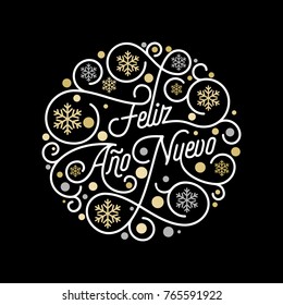 Feliz Ano Nuevo Spanish Happy New Year Navidad calligraphy lettering and golden snowflake pattern on white background for greeting card design. Vector golden Christmas flourish swash holiday text