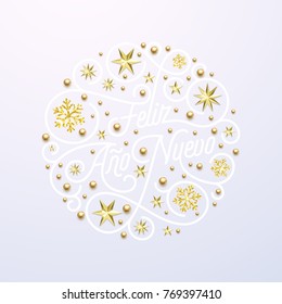 Feliz Ano Nuevo Spanish Happy New Year Navidad calligraphy lettering, golden snowflake star pattern decoration on white background for greeting card. Vector golden Christmas flourish holiday text.