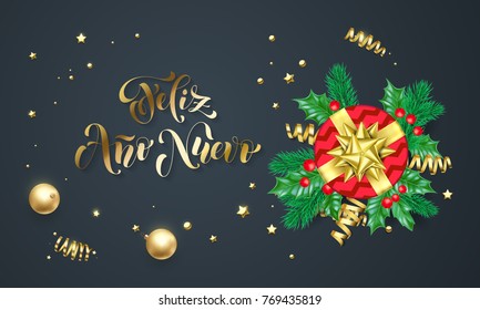 Feliz Ano Nuevo Spanish Happy New Year golden decoration and gold font calligraphy greeting card design. Vector Christmas gift box wreath decoration of Xmas holiday confetti on black background