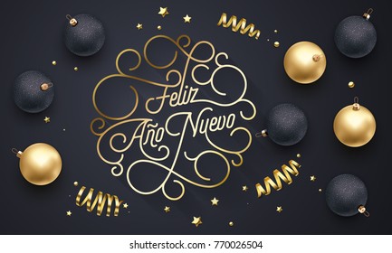 Feliz Ano Nuevo Spanish Happy New Year Navidad flourish golden calligraphy lettering of swash gold greeting card design. Vector golden decoration and Christmas text on holiday black background