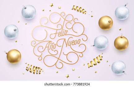 Feliz Ano Nuevo Spanish Happy New Year Navidad flourish golden calligraphy lettering of swash gold greeting card design. Vector golden decoration and Christmas text on holiday white background