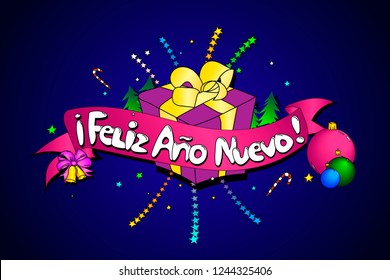 Feliz Ano Nuevo. Vector creative background. Happy New Year in Spanish language. Colorful line art