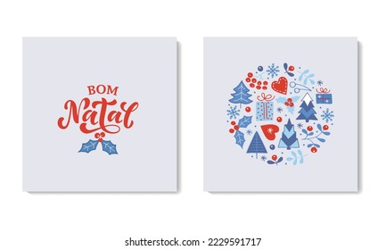 Feliz Bom Natal text meaning Merry Christmas in Portuguese, set of two greeting cards with holidays symbols drawing in doodle style. Hand lettering typography. Modern brush calligraphy 