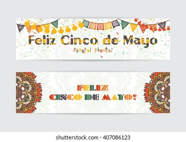 Feliz Cinco de Mayo (fifth of May Day) festive banners set. Vector illustration with cut out paper garlands and confetti.