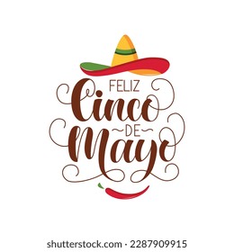 Feliz Cinco de Mayo handwritten text in Spanish (Happy Fifth of May). Modern brush calligraphy isolated on white background, hand lettering for Mexican holiday. Vector illustration for greeting card