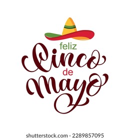 Feliz Cinco de Mayo handwritten text in Spanish (Happy Fifth of May). Modern brush calligraphy isolated on white background, hand lettering for Mexican holiday. Vector illustration for greeting card