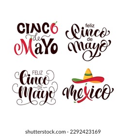 Feliz Cinco de Mayo handwritten text in Spanish (Happy Fifth of May). Modern brush calligraphy isolated on white background, hand lettering for Mexican holiday. Set of vector illustration