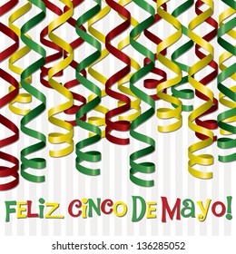 "Feliz Cinco de Mayo" (Happy 5th of May) curling ribbon card in vector format.