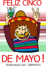 Feliz cinco de mayo.
Mexican man in cheers with raised hands to drink, and the other hand shows the sign of Victoria.