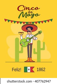 Feliz Cinco de Mayo. Mexican is holding the national fast food and mexican guitar. Illustration of a Mexican with mustache and sombrero. Graphic elements for post card or poster