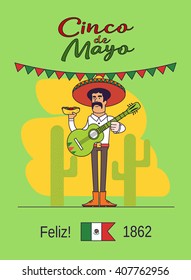 Feliz Cinco de Mayo. Mexican is holding the national fast food and mexican guitar. Illustration of a Mexican with mustache and sombrero. Graphic elements for post card or poster