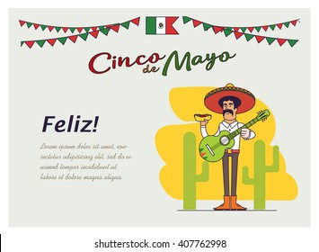 Feliz Cinco de Mayo. Mexican is holding the national fast food and mexican guitar. Illustration of a Mexican with mustache and sombrero. Graphic elements for post card or poster