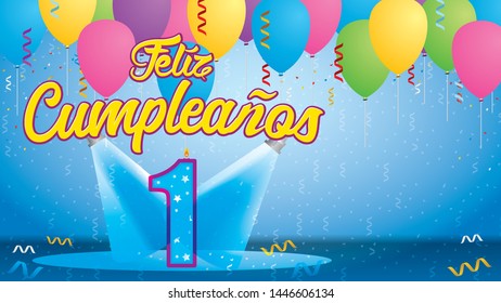 Feliz Cumpleanos 1 - Happy Birthday in Spanish language - Greeting card. Candle lit in the form of a number being lit by reflectors in a room with balloons floating with streamers and confetti