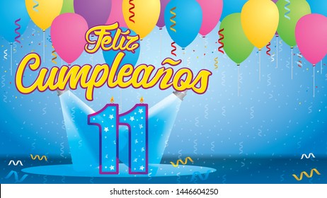 Feliz Cumpleanos 11 - Happy Birthday in Spanish language - Greeting card. Candle lit in the form of a number being lit by reflectors in a room with balloons floating with streamers and confetti