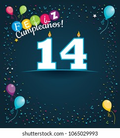 Feliz Cumpleanos 14 - Happy Birthday 14 in Spanish language - Greeting card with white candles in the form of number with background of balloons and confetti of various color on dark blue background