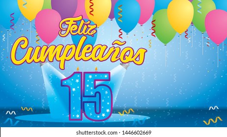 Feliz Cumpleanos 15 - Happy Birthday in Spanish language - Greeting card. Candle lit in the form of a number being lit by reflectors in a room with balloons floating with streamers and confetti