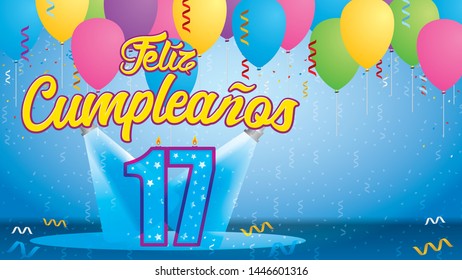 Feliz Cumpleanos 17 - Happy Birthday in Spanish language - Greeting card. Candle lit in the form of a number being lit by reflectors in a room with balloons floating with streamers and confetti