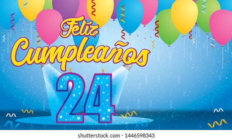 Feliz Cumpleanos 24 - Happy Birthday in Spanish language - Greeting card. Candle lit in the form of a number being lit by reflectors in a room with balloons floating with streamers and confetti