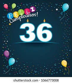 Feliz Cumpleanos 36 - Happy Birthday 36 in Spanish language - Greeting card with white candles in the form of number with background of balloons and confetti of various color on dark blue background