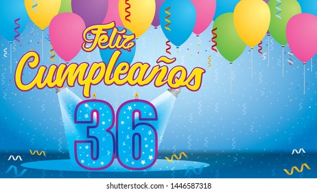 Feliz Cumpleanos 36 - Happy Birthday in Spanish language - Greeting card. Candle lit in the form of a number being lit by reflectors in a room with balloons floating with streamers and confetti