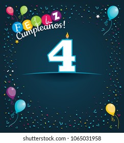 Feliz Cumpleanos 4 - Happy Birthday 4 in Spanish language - Greeting card with white candles in the form of number with background of balloons and confetti of various color on dark blue background