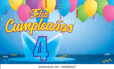 Feliz Cumpleanos 4 - Happy Birthday in Spanish language - Greeting card. Candle lit in the form of a number being lit by reflectors in a room with balloons floating with streamers and confetti