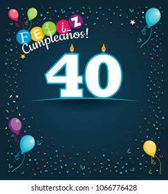 Feliz Cumpleanos 40 - Happy Birthday 40 in Spanish language - Greeting card with white candles in the form of number with background of balloons and confetti of various color on dark blue background