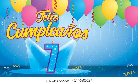 Feliz Cumpleanos 7 - Happy Birthday in Spanish language - Greeting card. Candle lit in the form of a number being lit by reflectors in a room with balloons floating with streamers and confetti