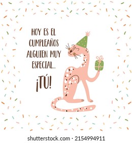 Feliz cumpleanos amiga jungle birthday poster Feliz Cumpleanos means Happy Birthday my friend in Spanish. Pink leopard with gift, confetti. Birthday celebration card. Vector illustration. Pink jaguar.