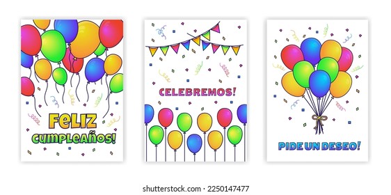 Feliz cumpleanos, feiert, pide un deseo Karten. Herzlichen Glückwunsch zum Geburtstag Gruß helle fröhliche Karten auf Spanisch mit Ballons und Konfetti. Flache Vektorgrafik.