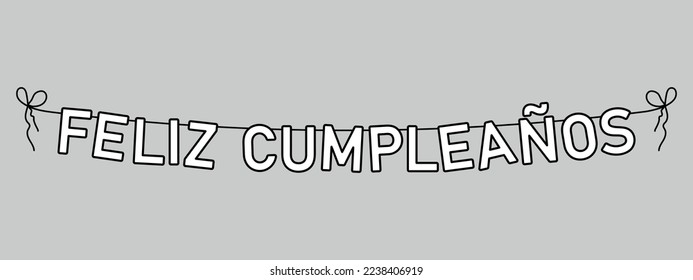 feliz cumpleanos garland, happy birthday in spanish garland, black line party bunting, big letters hanging on a string, vector illustration