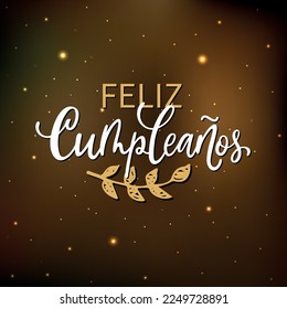 Feliz Cumpleanos handwritten text - Happy Birthday in Spanish. Hand lettering typography on dark  background. Vector illustration for poster, greeting card, invitation. Modern brush calligraphy