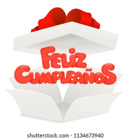 Feliz Cumpleanos - Happy Birthday in Spanish greeting card with opened box. Vector illustration