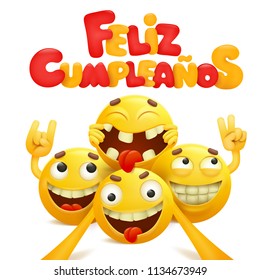 Feliz Cumpleanos - Happy Birthday in Spanish greeting card with group of yellow emoji cartoon characters. Vector illustration