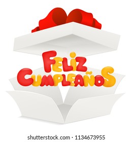 Feliz Cumpleanos - Happy Birthday in Spanish greeting card with opened box. Vector illustration